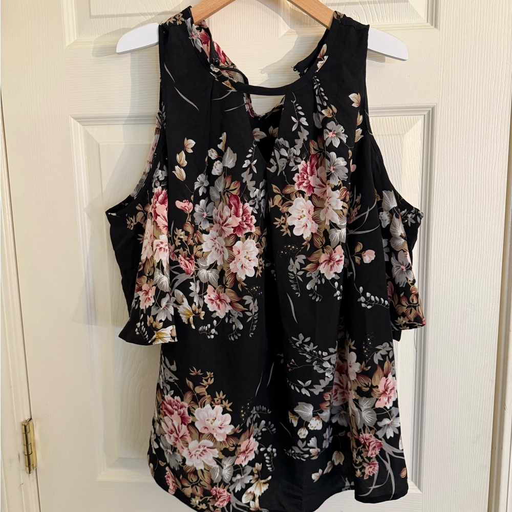 Elegant Floral Ruffle Blouse in Black and Pink